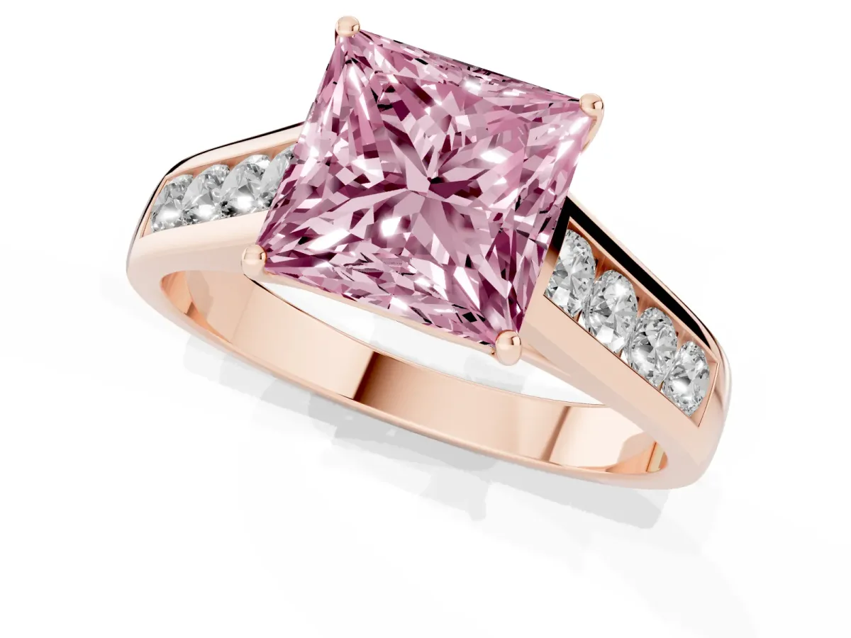 Fancy Pink Princess Cut Solitaire Channel-Set Diamond Engagement Ring with Four-Prong Setting Rose gold