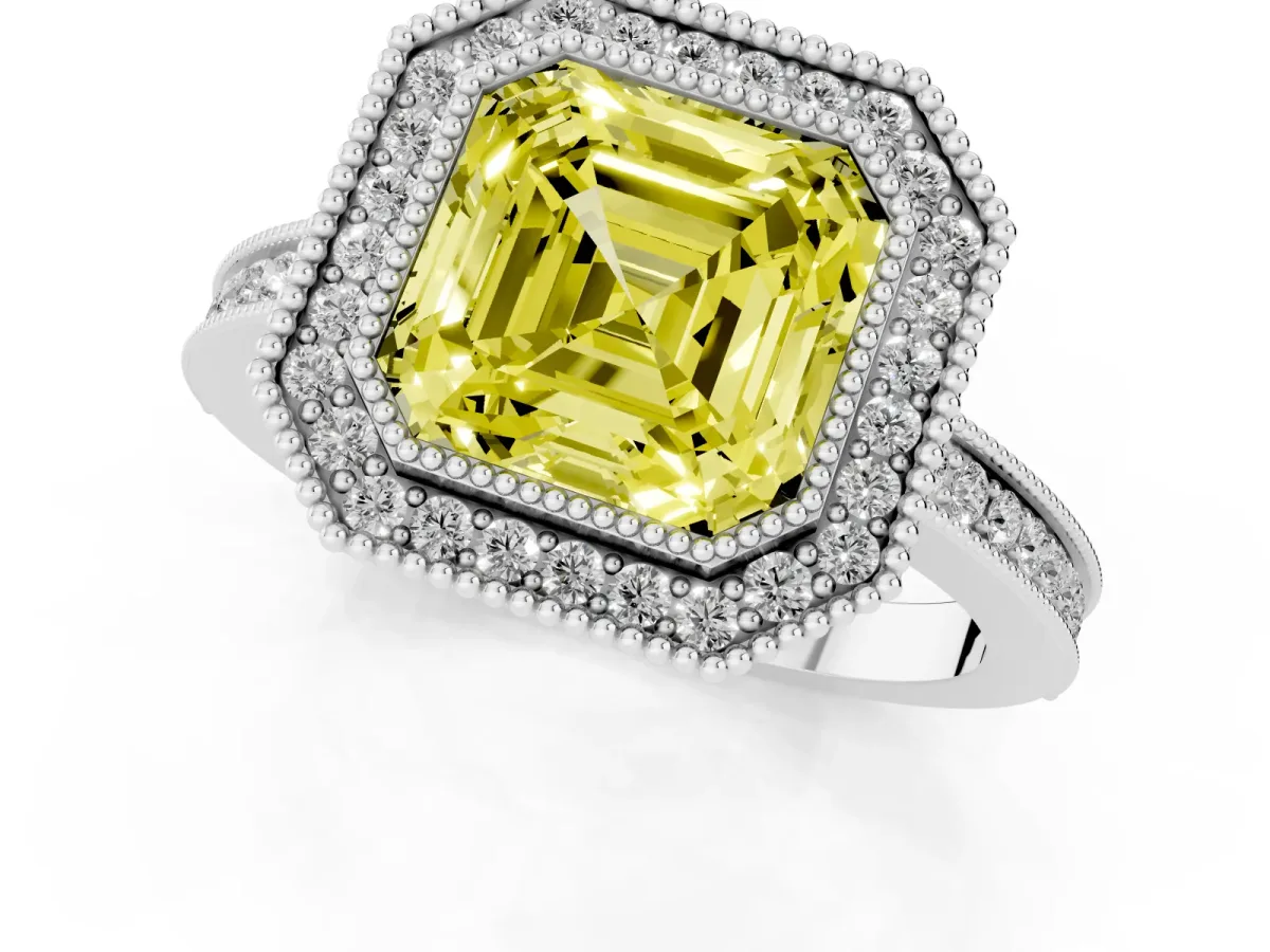 Fancy Yellow Asscher Cut Cut Halo Diamond Ring with Pavé Band and Milgrain Prong Setting Silver