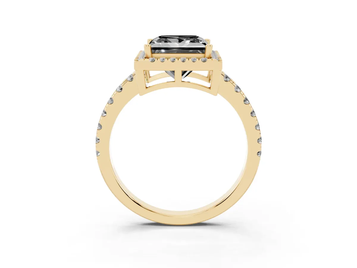 Fancy Black Princess Cut Diamond Halo Ring with Pavé Band and Four-Prong Setting Yellow gold