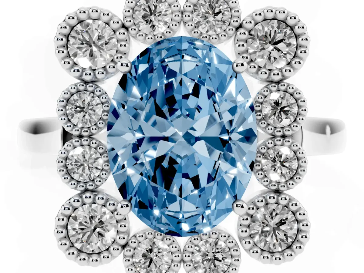 Fancy Blue Oval Cut Halo Diamond Cluster Engagement Ring with Milgrain Bezel Setting and Solitaire Band White gold