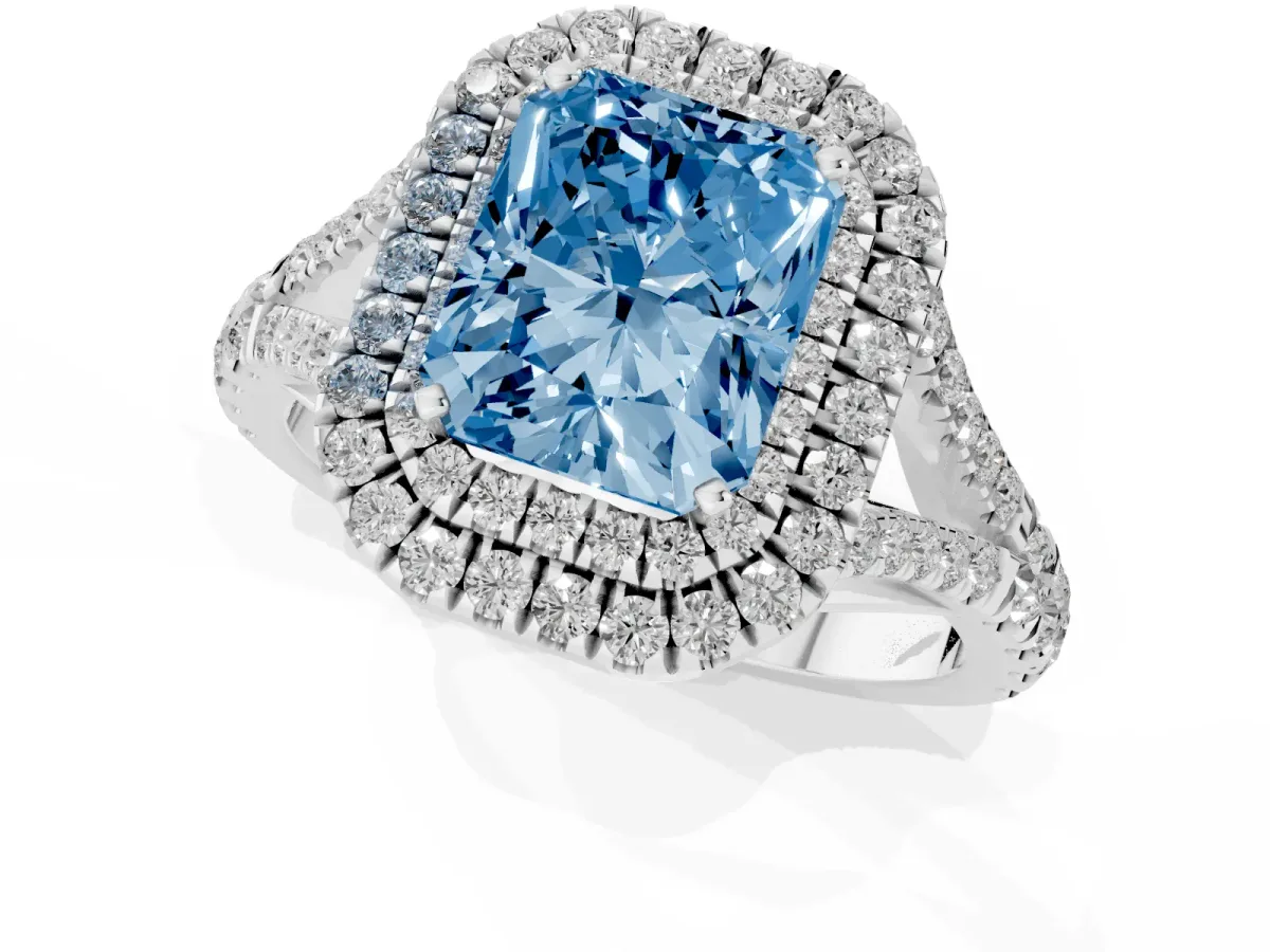 Fancy Blue Radiant Cut Diamond Pavé Split Shank Double Halo Engagement Ring Silver