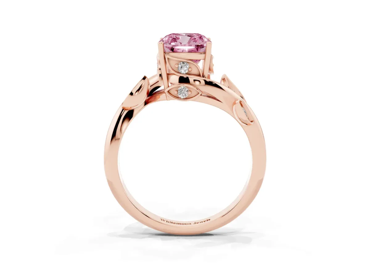 Fancy Pink Cushion Cut Solitaire Twist Engagement Ring with Leaf Accents and Prong Setting Rose gold