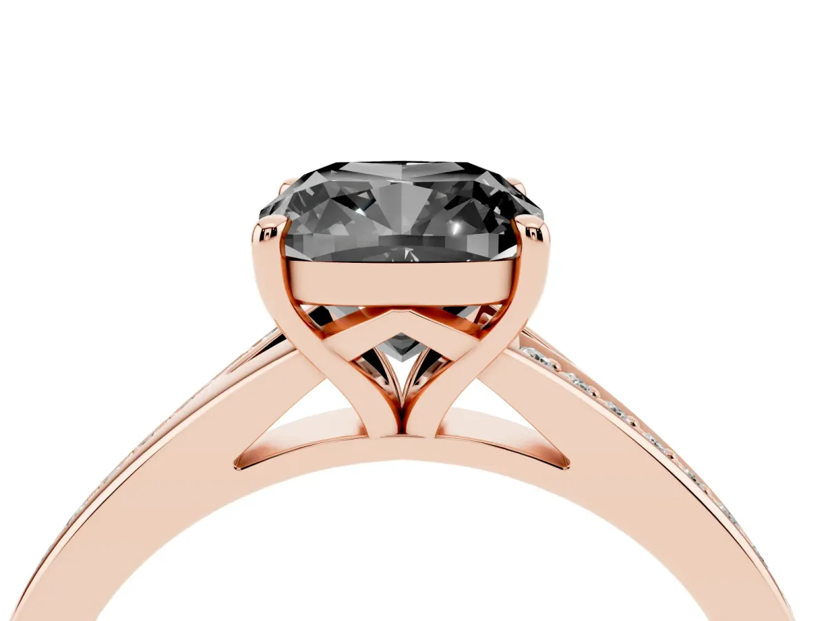 Fancy Black Cushion Cut Diamond Solitaire Ring with Pavé Band and Prong Setting Rose gold
