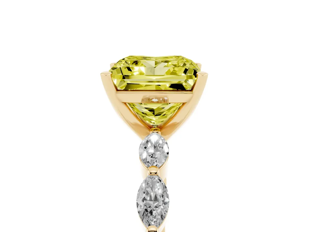 Fancy Yellow Princess Cut Diamond Ring with Marquise Side Stones and Prong Setting Yellow gold