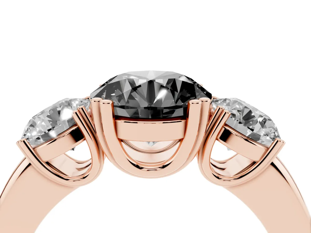 Fancy Black Three-Stone Round Cut Cut Diamond Ring with Channel Set Band and Four-Prong Setting Rose gold