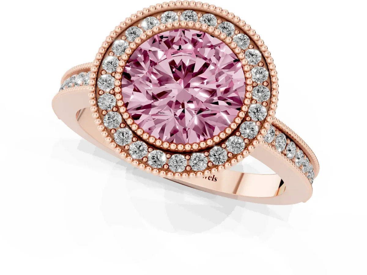 Fancy Pink Round Cut Cut Halo Diamond Ring with Pavé Band and Milgrain Prong Setting Rose gold