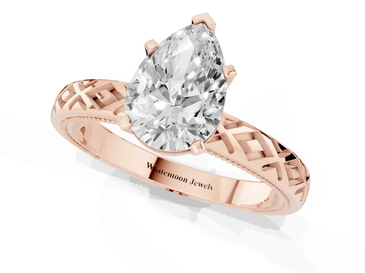 Pear Cut Solitaire Diamond Ring with Milgrain and Black Enamel X Pattern Band Rose gold