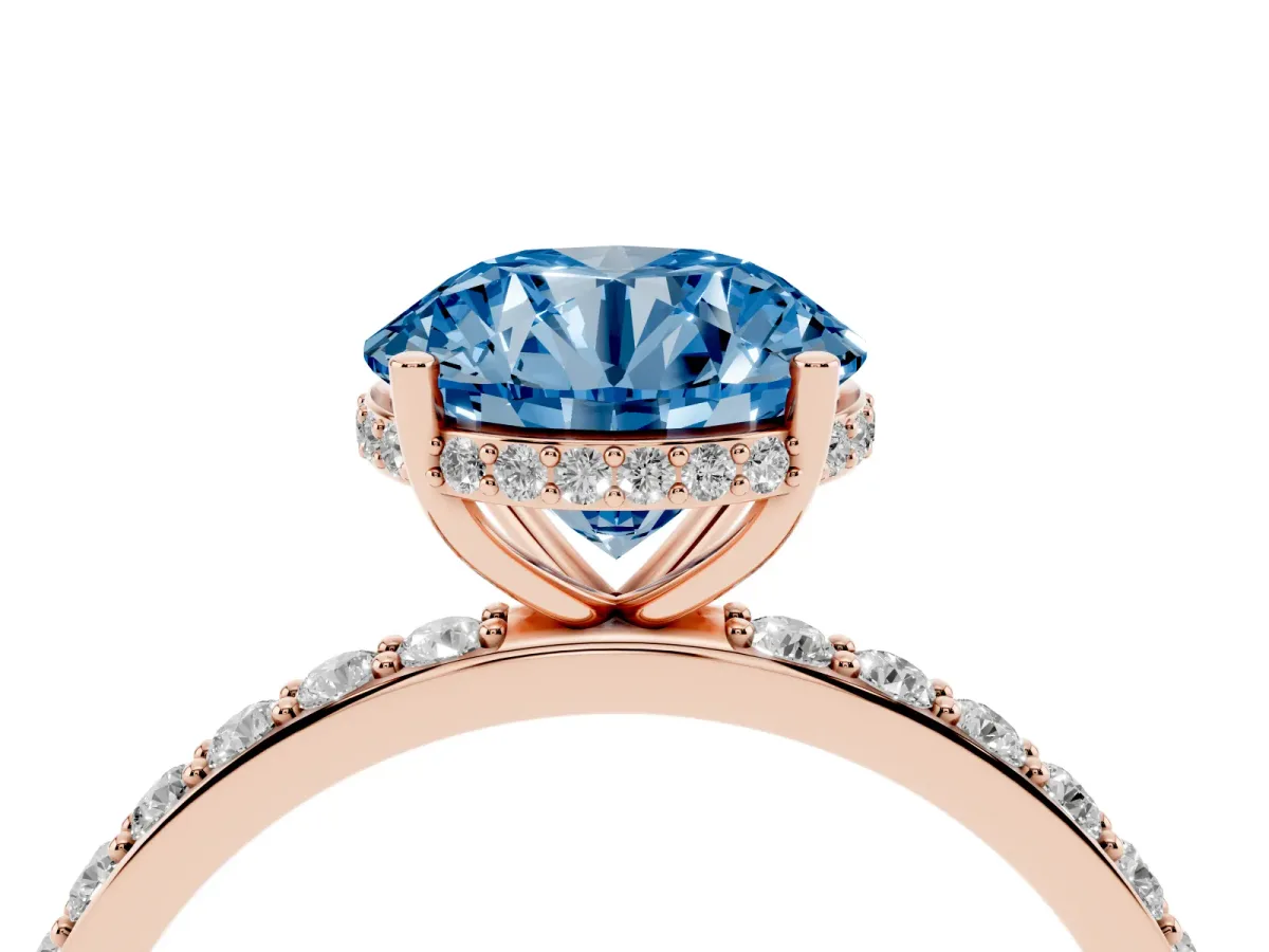 Fancy Blue Round Cut Diamond Solitaire Ring with Pavé Band and Hidden Halo Rose gold