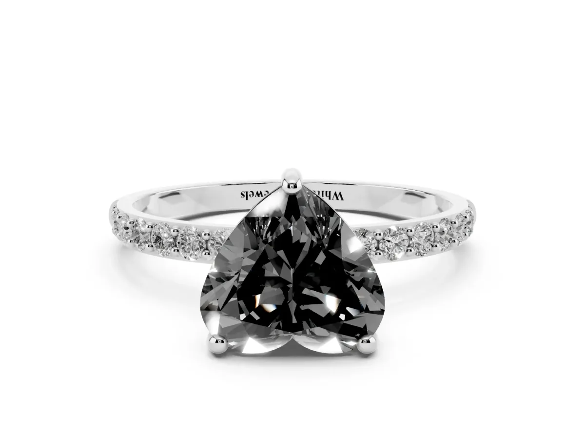Fancy Black Heart Cut Diamond Solitaire Ring with Round Pavé Band and Prong Setting Silver