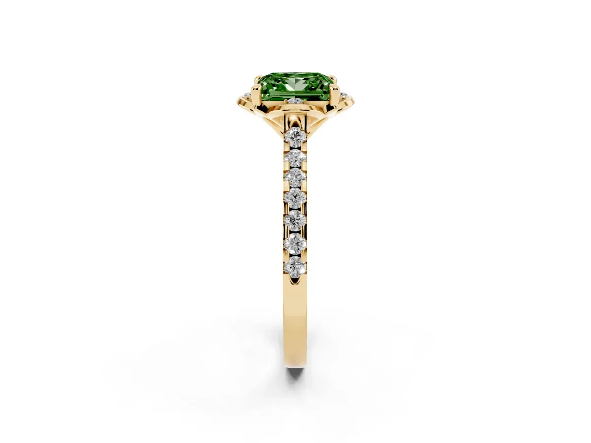 Fancy Green Princess Cut Diamond Ring with Pavé Band and Floral Prong Setting Yellow gold