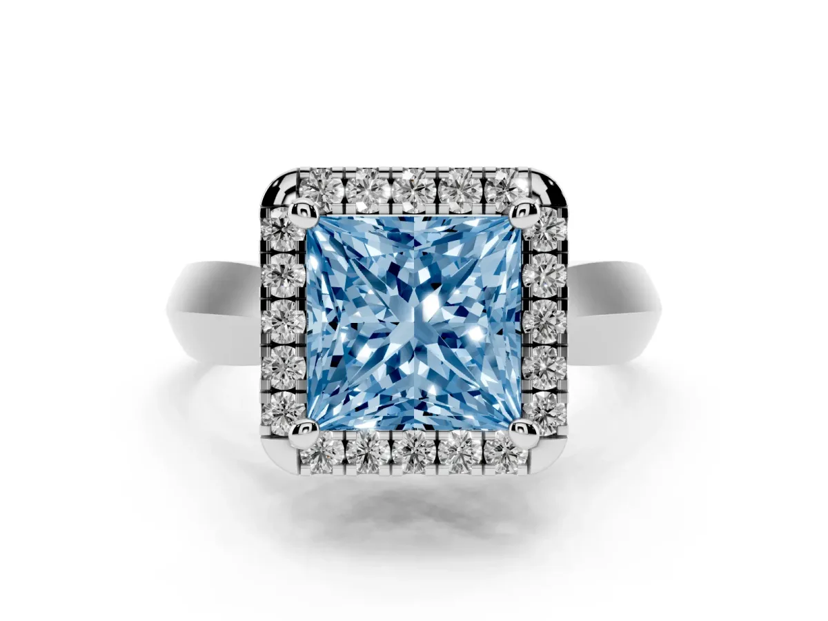 Fancy Blue Princess Cut Cut Halo Solitaire Engagement Ring with Square Band and Four-Prong Setting Silver