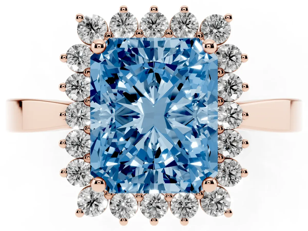Fancy Blue Radiant Cut Cut Diamond Halo Ring with Round Brilliant Halo and Solitaire Band Rose gold