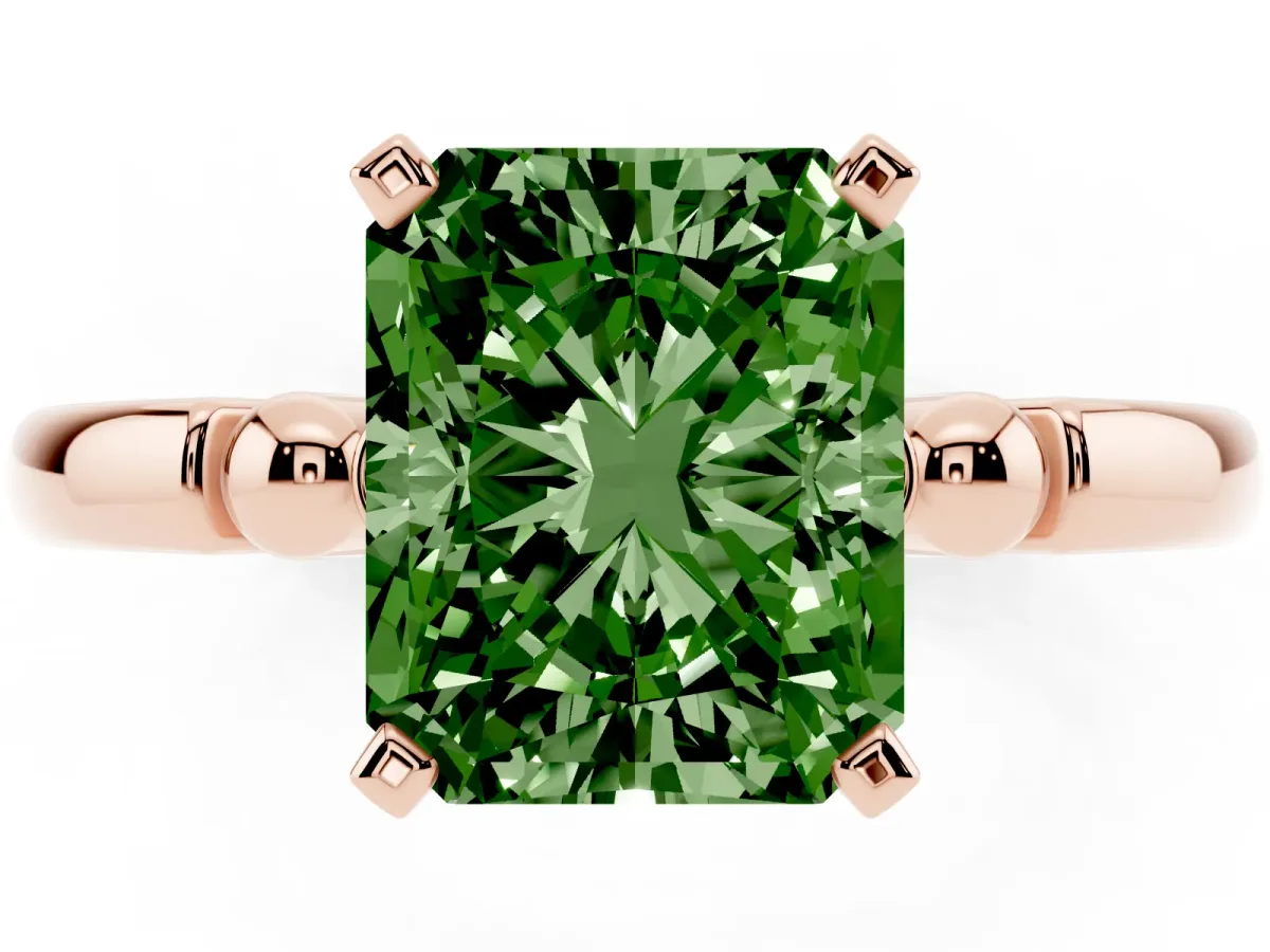 Fancy Green Radiant Cut Solitaire Beaded Band with Four-Prong Setting Rose gold