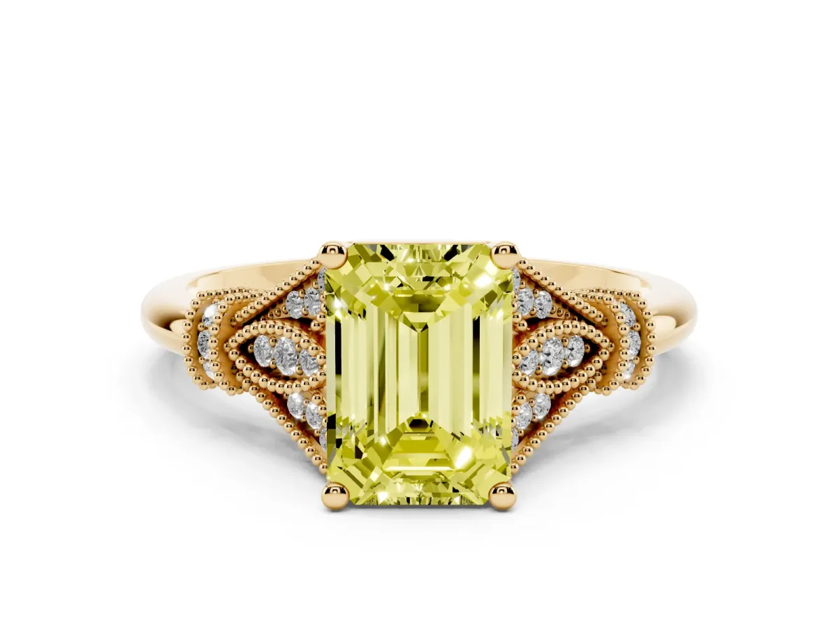 Fancy Yellow Emerald Cut Diamond Solitaire Ring with Floral Filigree and Pave Accents Yellow gold