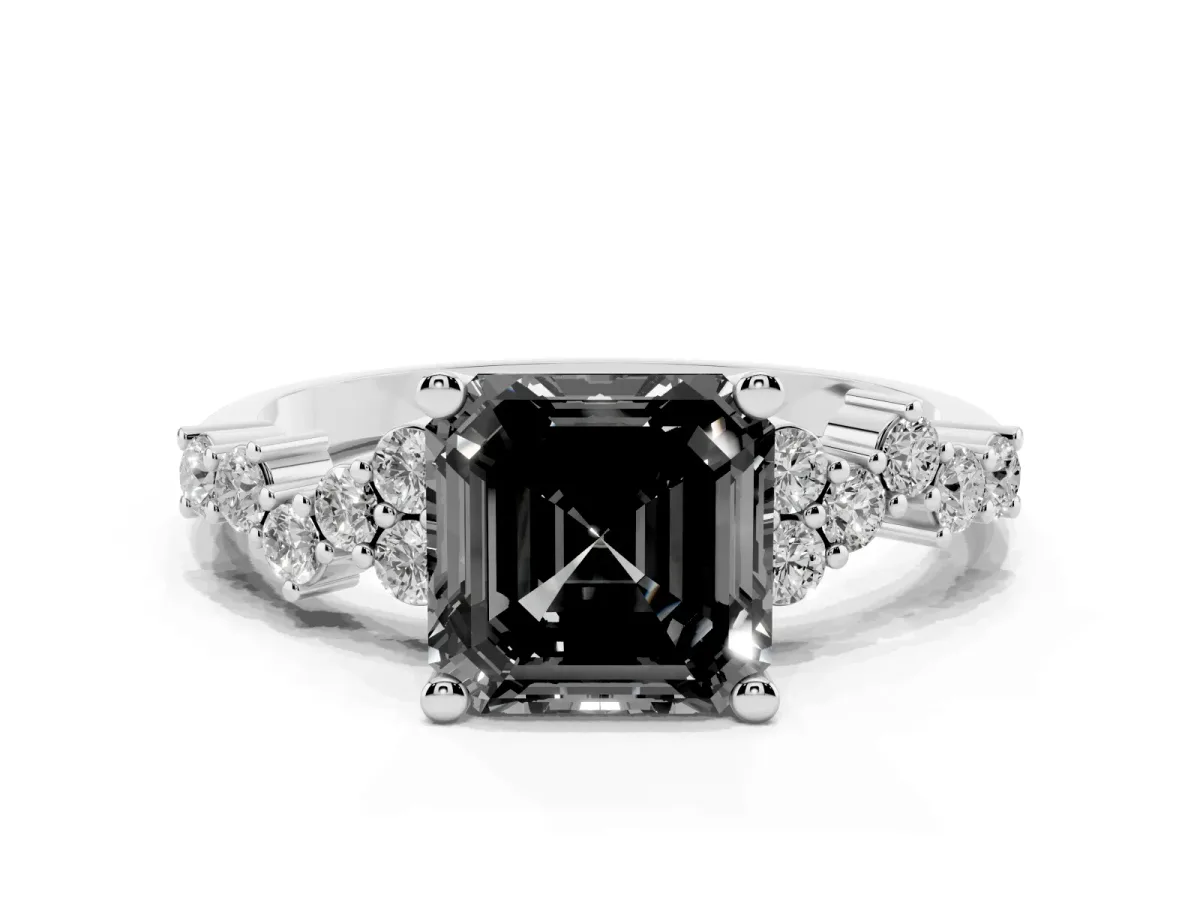Fancy Black Asscher Cut Diamond Scattered Round Accent Ring with Prong Setting Silver