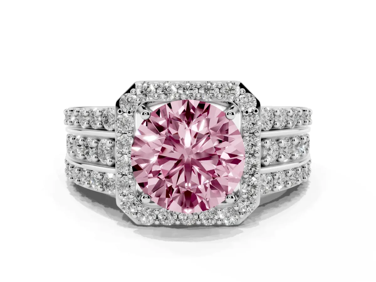 Fancy Pink Round Cut Halo Diamond Ring with Round Split Shank and Prong Setting Platinum