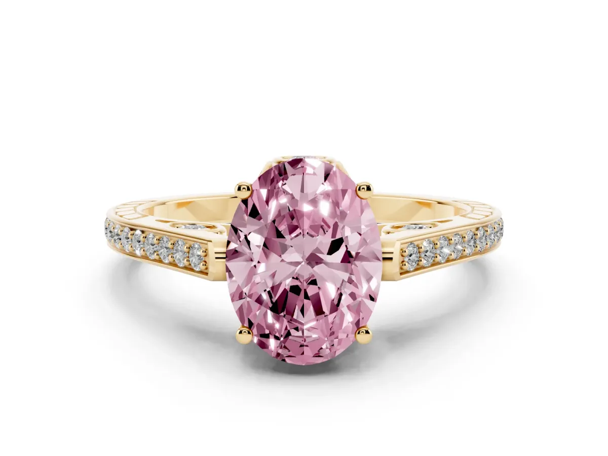 Fancy Pink Oval Cut Cut Cathedral Pave Diamond Engagement Ring with Six-Prong Setting Yellow gold