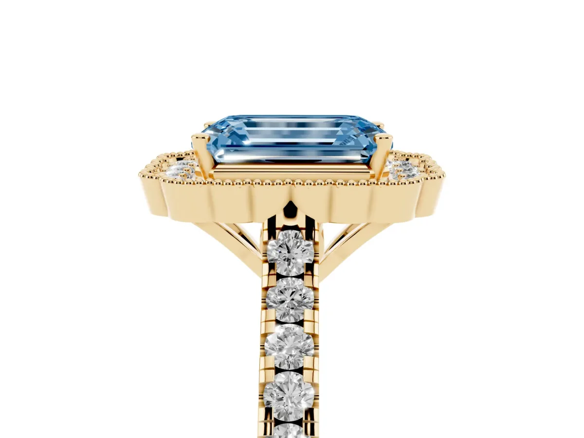 Fancy Blue Emerald Cut Cut Diamond Milgrain Floral Halo Engagement Ring with Pavé Band Yellow gold