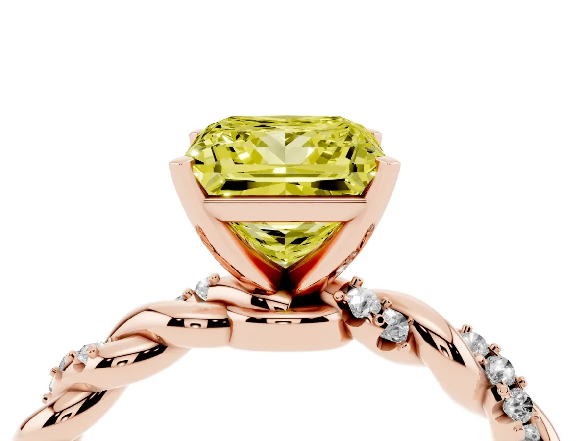 Fancy Yellow Princess Cut Diamond Solitaire Ring with Twisted Band and Pavé Accents Rose gold