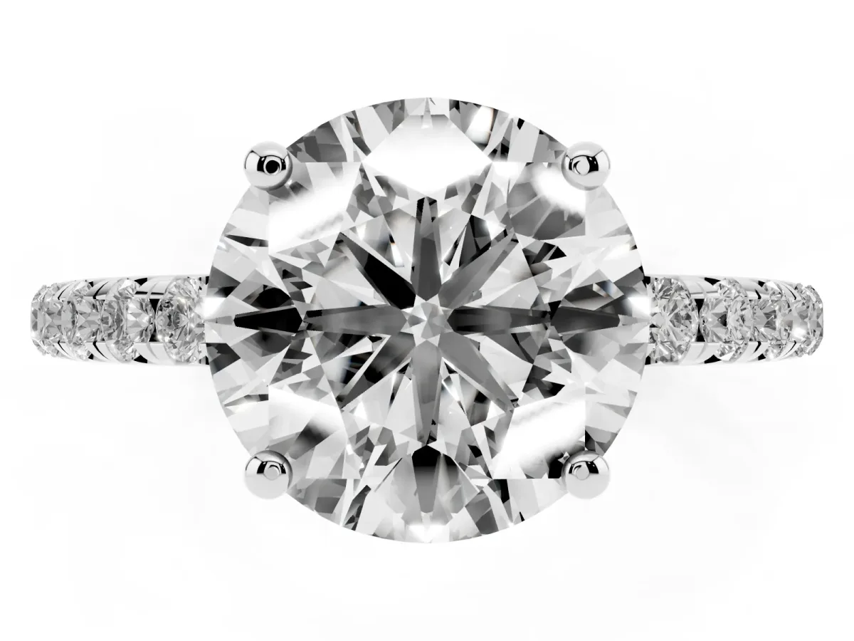 Round Cut Cut Diamond Solitaire Ring with Micro Pave Band and Four Prong Setting Silver