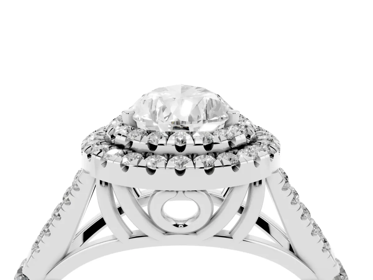 Pear Cut Diamond Double Halo Ring with Split Shank and Prong Setting White gold