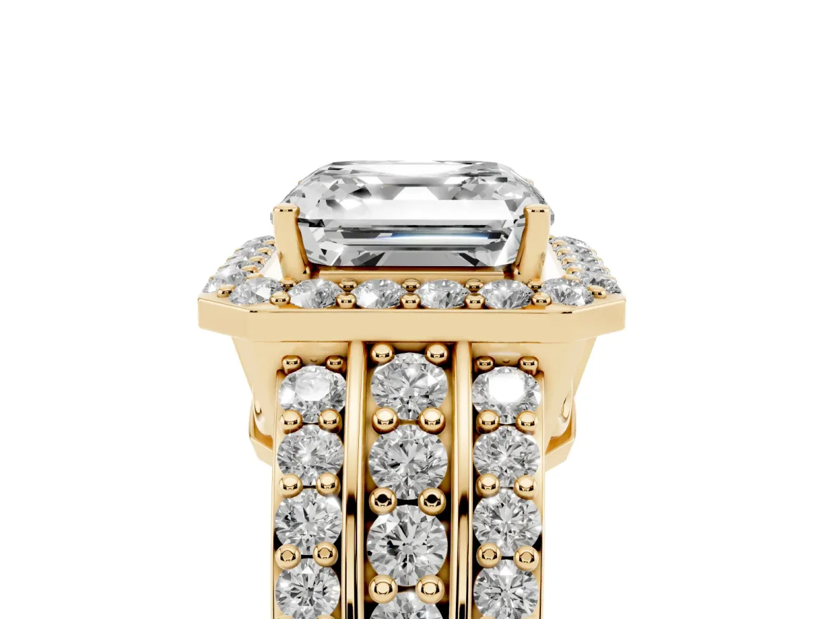 Asscher Cut Halo Diamond Ring with Round Split Shank and Prong Setting Yellow gold