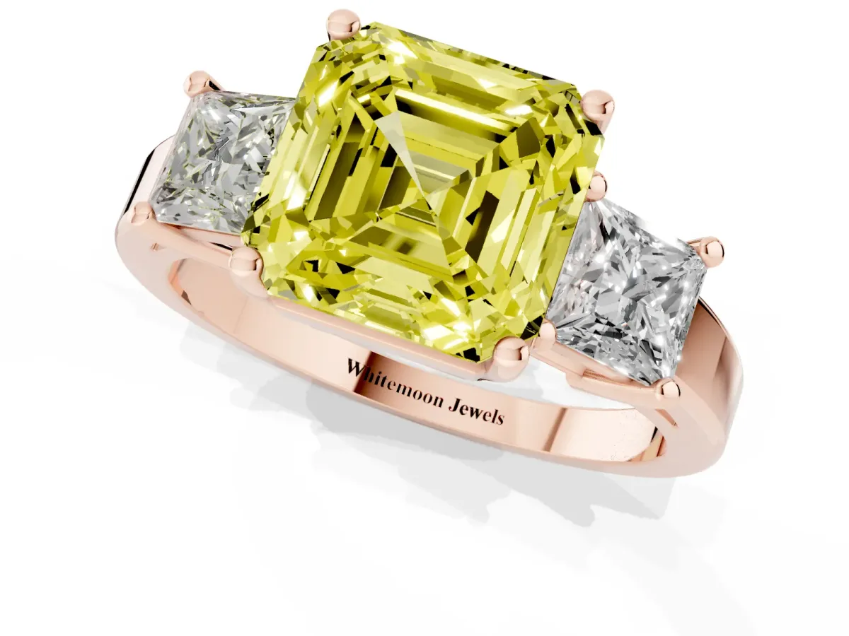 Fancy Yellow Three-Stone Asscher Cut Cut Solitaire Ring with Prong Setting Rose gold