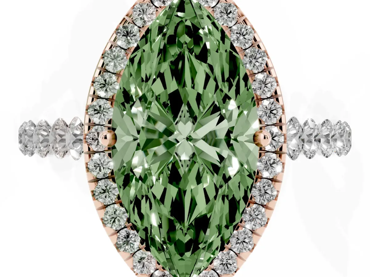 Fancy Green Marquise Cut Halo Pavé Diamond Engagement Ring with Four-Prong Setting Rose gold