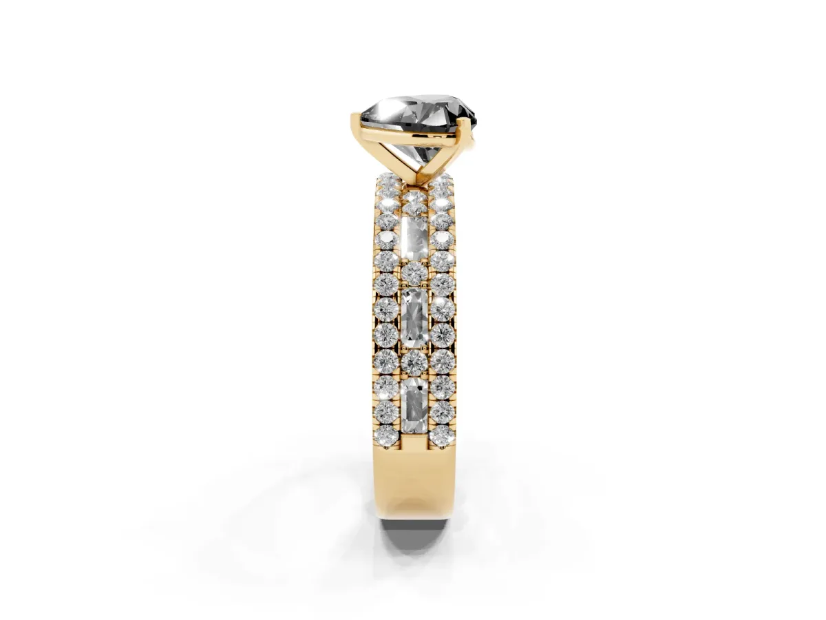 Fancy Black Heart Cut Diamond Solitaire Ring with Pavé and Channel Set Band Yellow gold