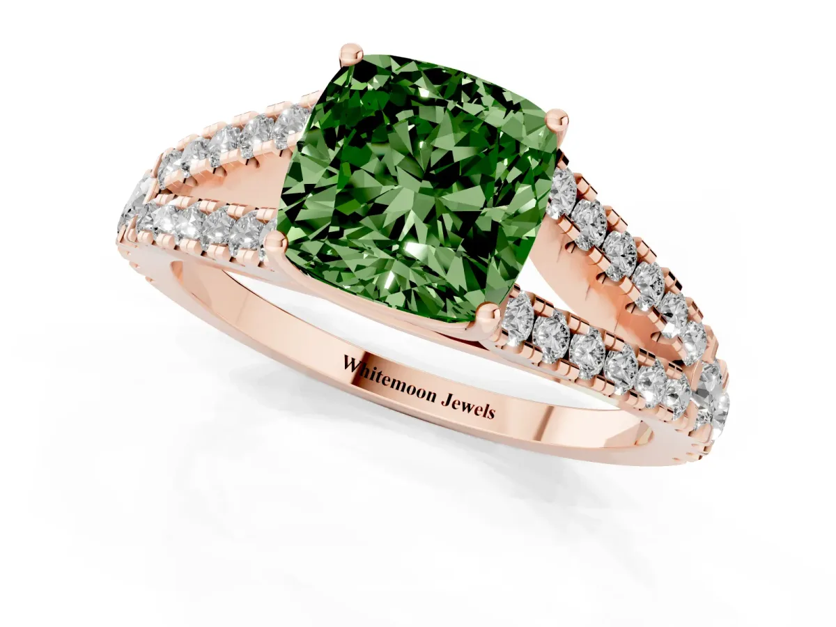 Fancy Green Cushion Cut Diamond Split Shank Pavé Engagement Ring with Four-Prong Setting Rose gold