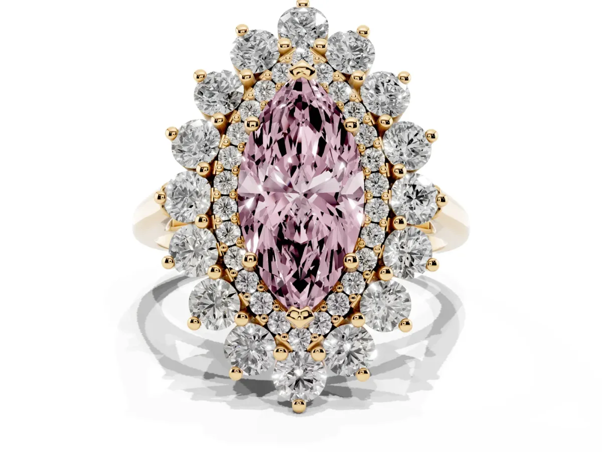 Fancy Pink Marquise Cut Diamond Floral Double Halo Engagement Ring with Prong Setting Yellow gold