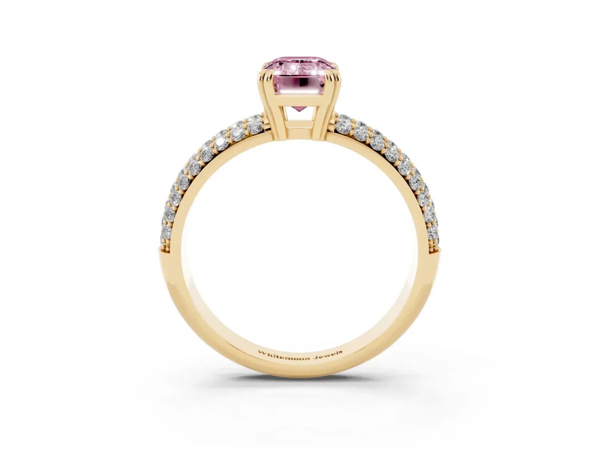 Fancy Pink Emerald Cut Diamond Solitaire Ring with Multi-Row Round Pavé Band and Prong Setting Yellow gold
