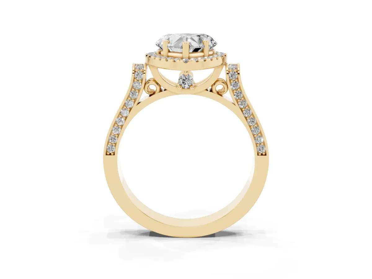 Heart Cut Halo Round Diamond Twist Band with Four-Prong Setting Yellow gold