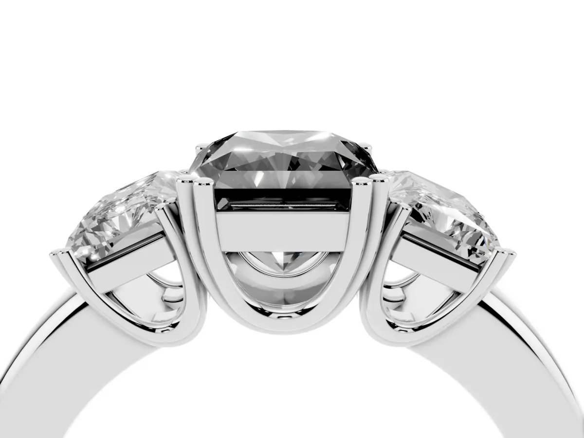 Fancy Black Three-Stone Radiant Cut Cut Diamond Ring with Channel Set Band and Four-Prong Setting Silver