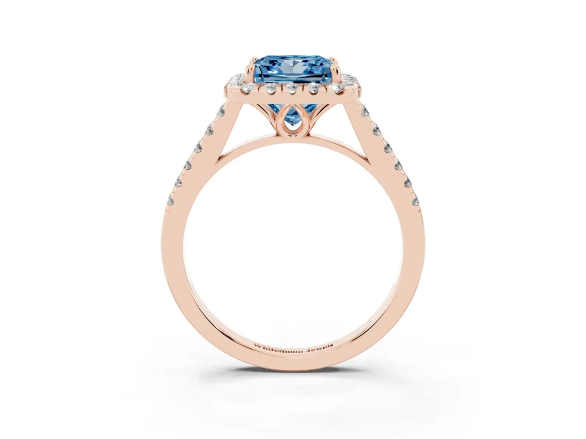 Fancy Blue Princess Cut Halo Pavé Diamond Engagement Ring with Four-Prong Setting Rose gold