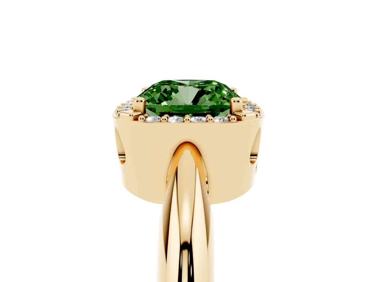 Fancy Green Cushion Cut Cut Diamond Halo Engagement Ring with Split Shank and Four-Prong Setting Yellow gold