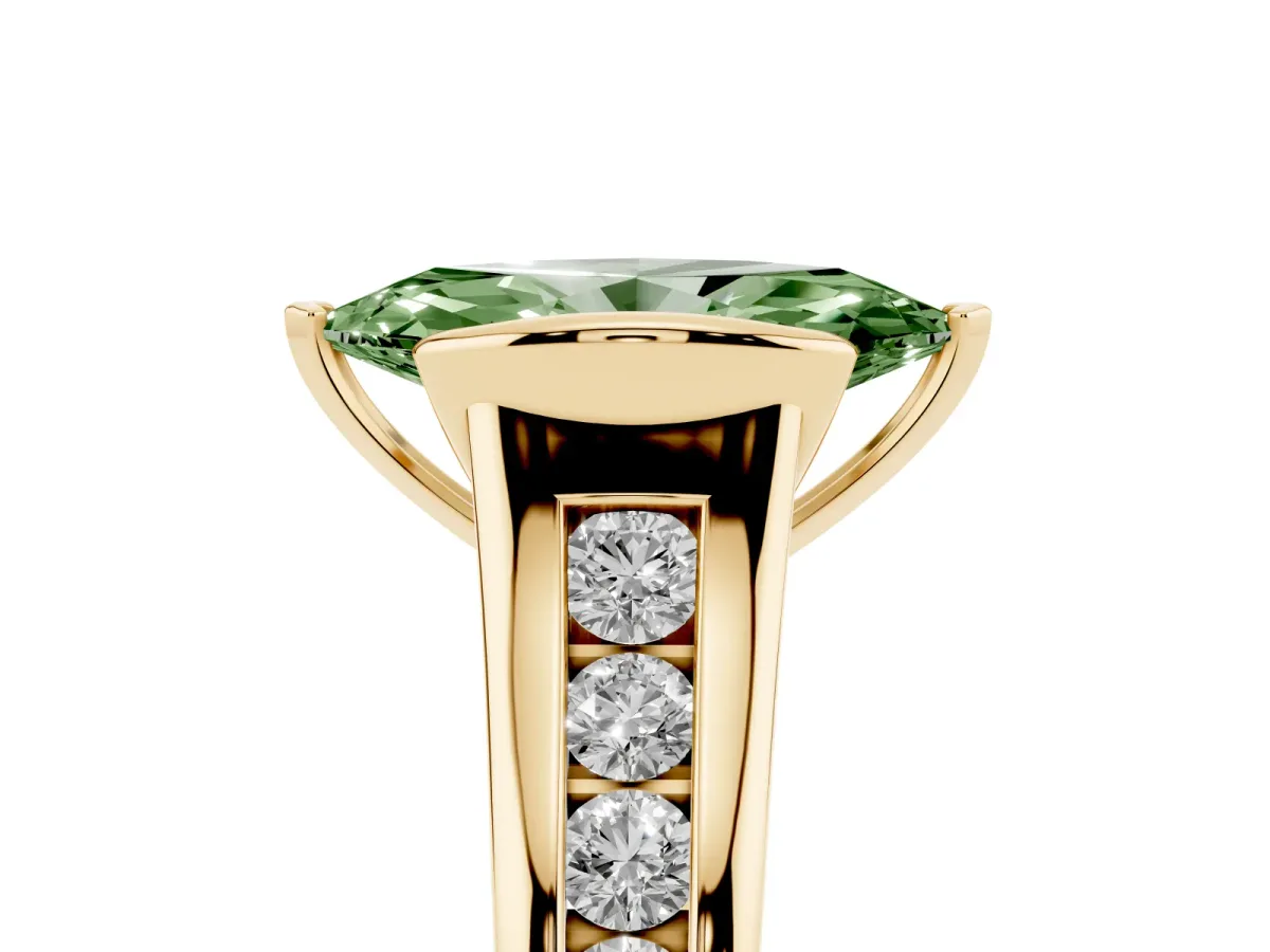 Fancy Green Marquise Cut Solitaire Bezel-Set Diamond Ring with Channel-Set Band Yellow gold