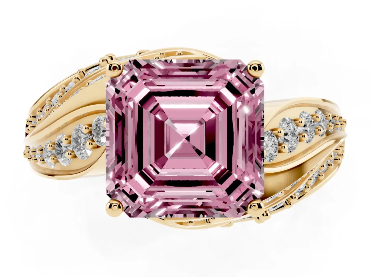 Fancy Pink Asscher Cut Diamond Solitaire Ring with Prong Setting and Twisted Pavé Band Yellow gold