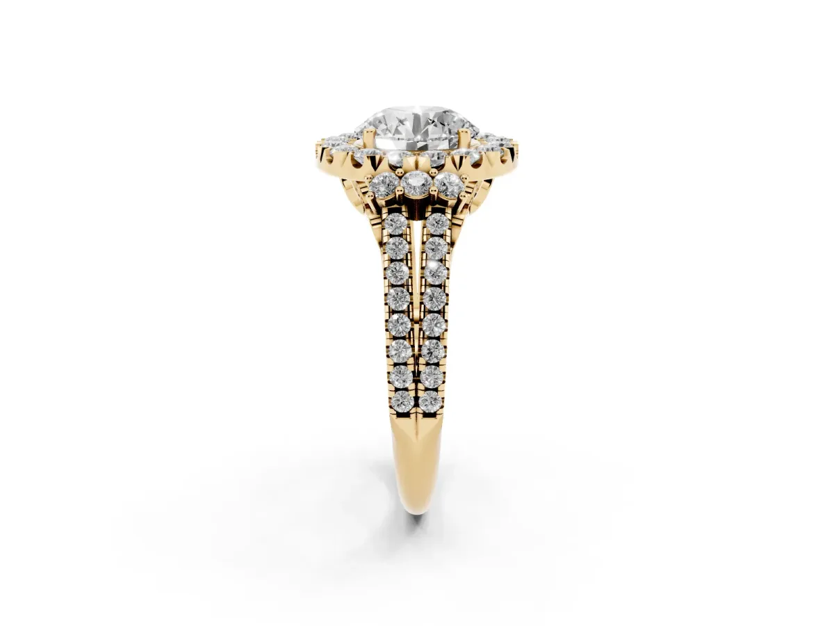 Round Cut Cut Double Halo Diamond Engagement Ring with Pave Band and Four-Prong Setting Yellow gold