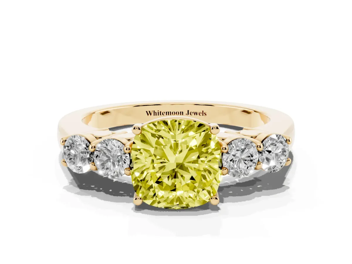 Fancy Yellow Cushion Cut Cut Diamond Five-Stone Prong Set White Gold Ring Yellow gold