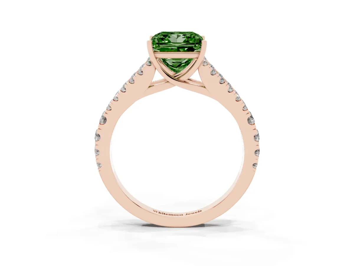 Fancy Green Princess Cut Diamond Split Shank Engagement Ring with Round Pavé and Prong Setting Rose gold