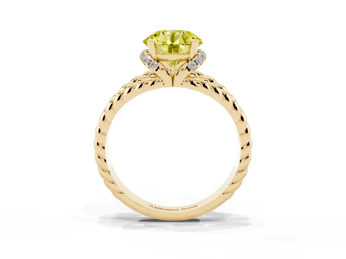 Fancy Yellow Round Cut Halo Twisted Band Four-Prong Ring Yellow gold