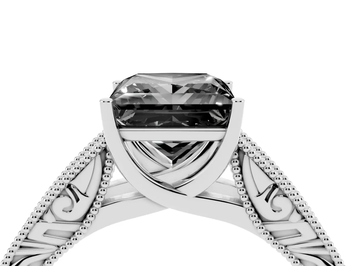 Fancy Black Princess Cut Diamond Solitaire Ring with Engraved Band and Four-Prong Setting Silver