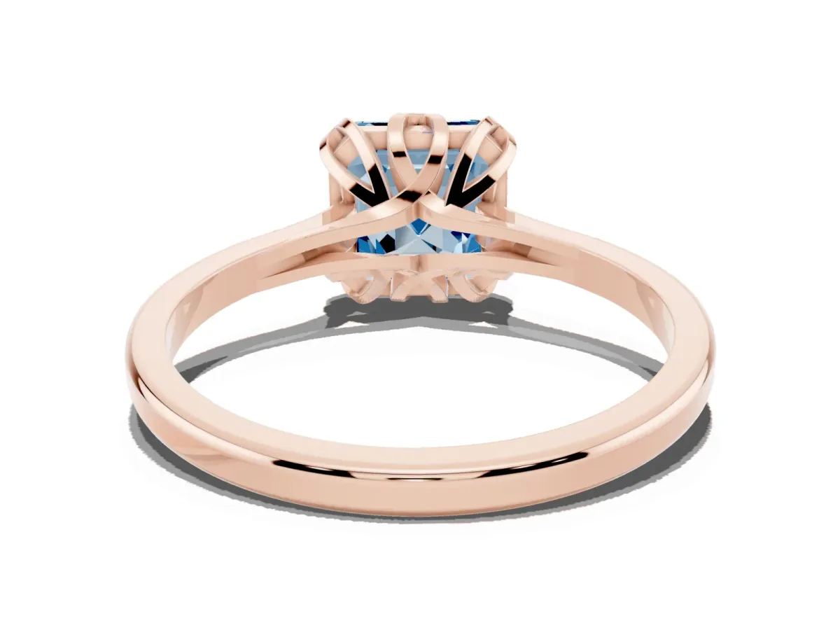 Fancy Blue Asscher Cut Diamond Solitaire Ring with Flower Prong Setting and Classic Band Rose gold