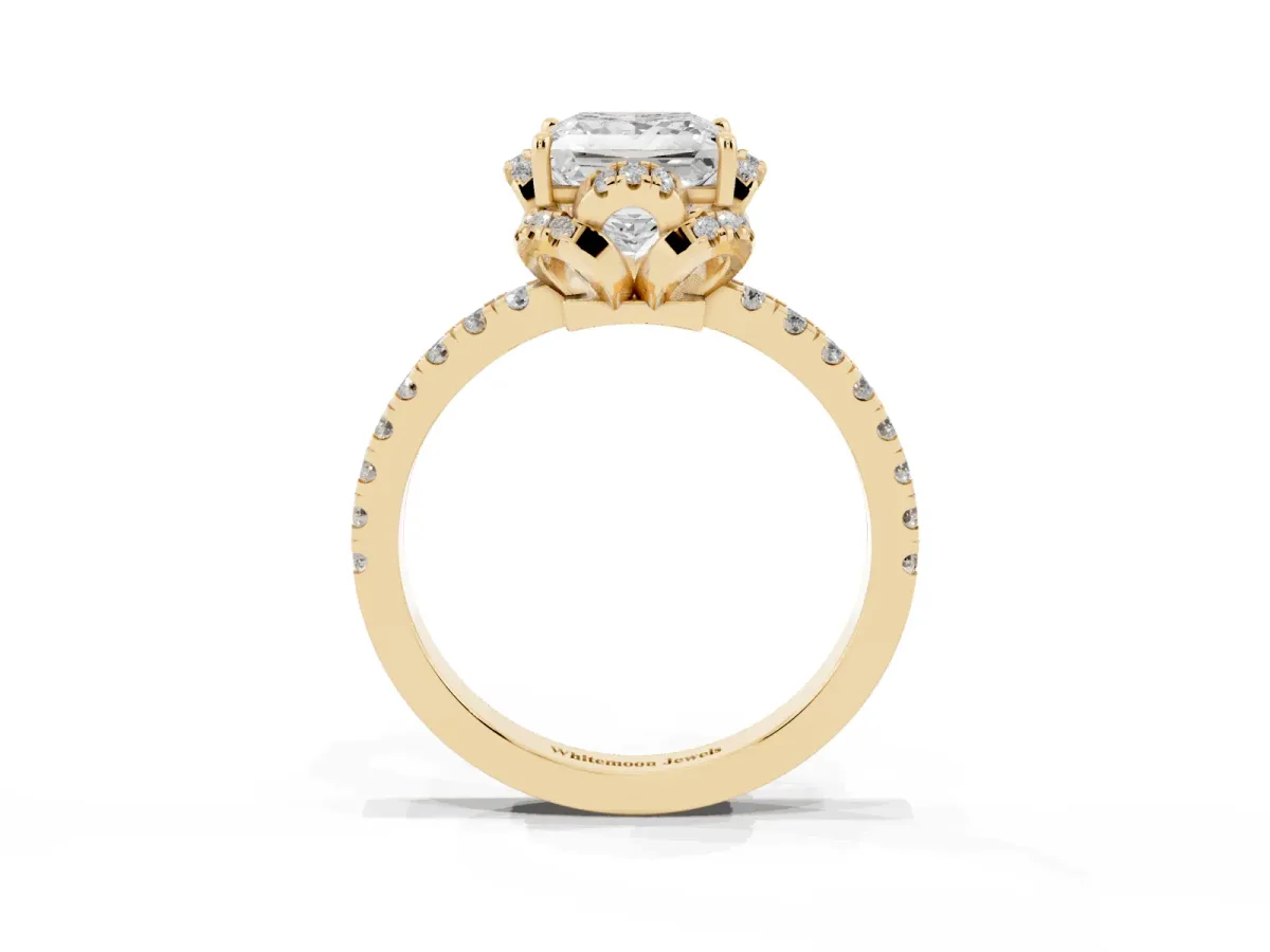 Princess Cut Halo Diamond Pave Band Ring with Four-Prong Setting Yellow gold