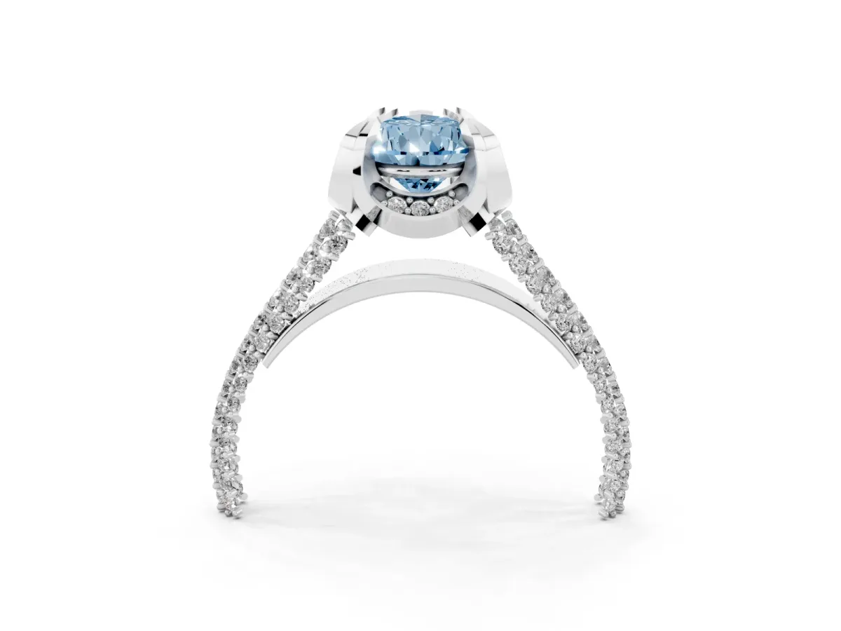 Fancy Blue Pear Cut Solitaire Pave Split Shank Ring with Four-Prong Setting White gold
