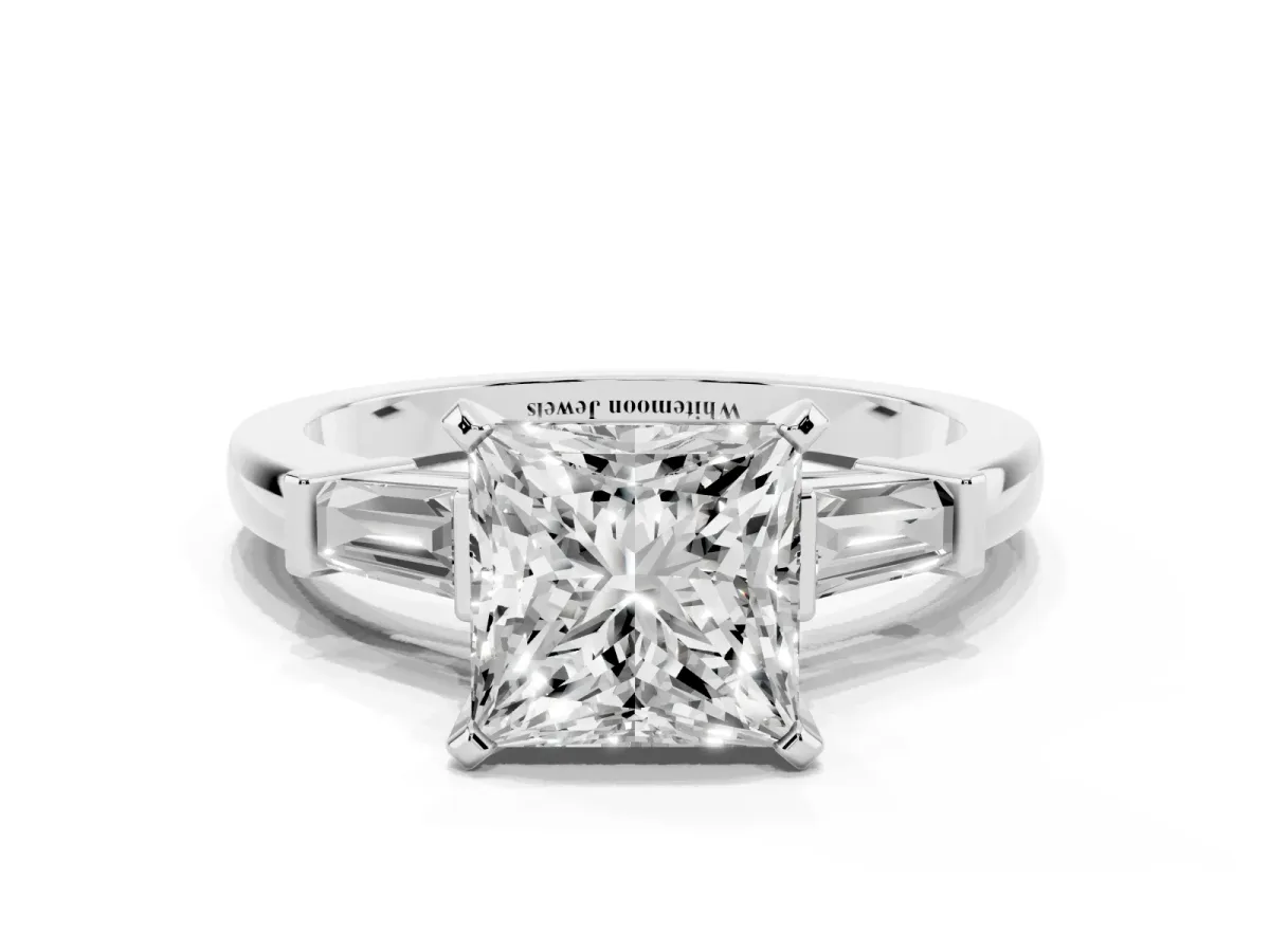 Princess Cut Cut Diamond Solitaire Ring with Tapered Baguette Accents and Four-Prong Setting Silver