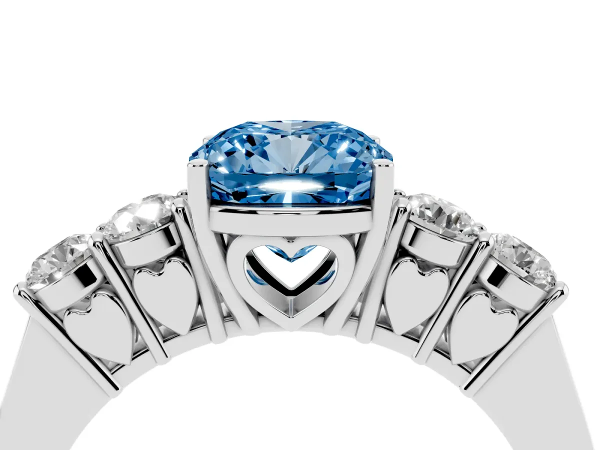 Fancy Blue Cushion Cut Cut Diamond Five-Stone Prong Set White Gold Ring Silver