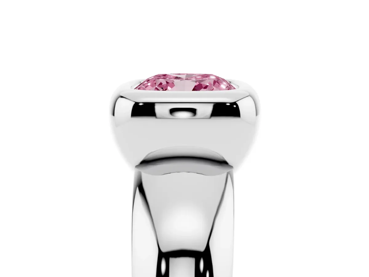Fancy Pink Bezel Set Cushion Cut Solitaire Ring with Wide Band Silver