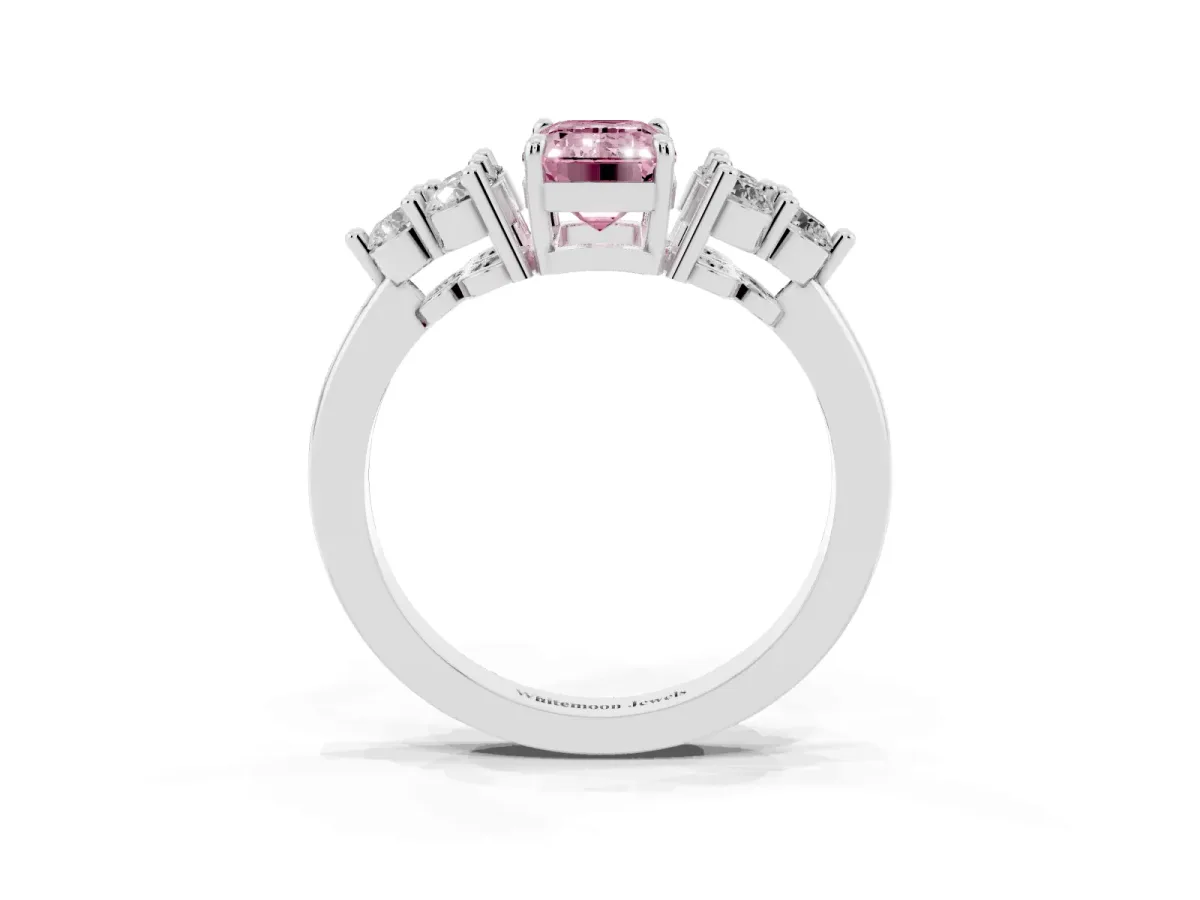 Fancy Pink Emerald Cut Brilliant Diamond Cluster Accent Solitaire Ring with Prong Setting Silver